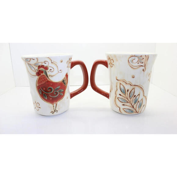 Pier 1 Imports Set of 2 Gallo Rooster Design Coffee Tea Mugs Ironstone 14 oz - Picture 2 of 10